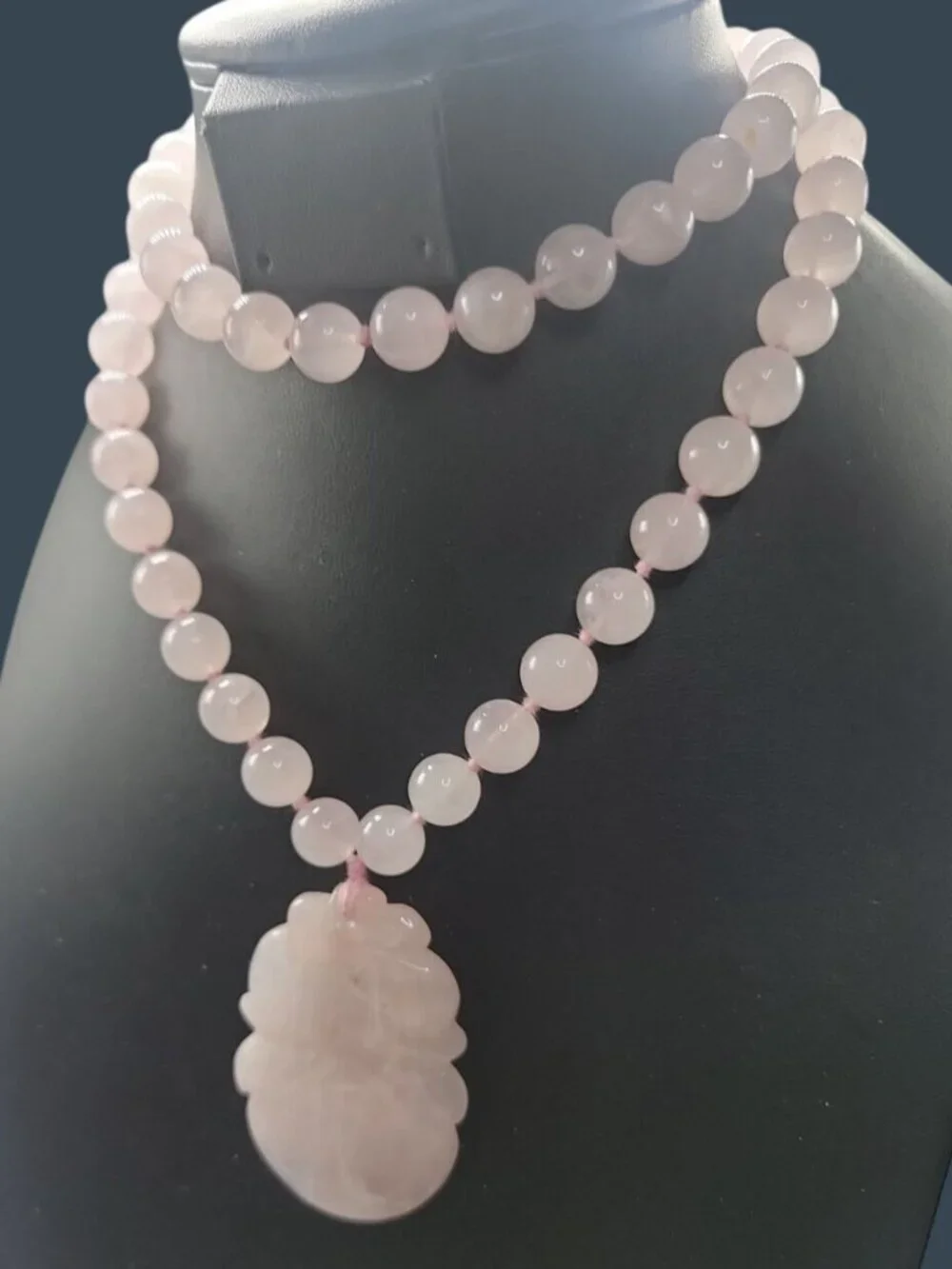 Chinese Rose Quartz Hand Knotted Mala Lotus Design Necklace 28